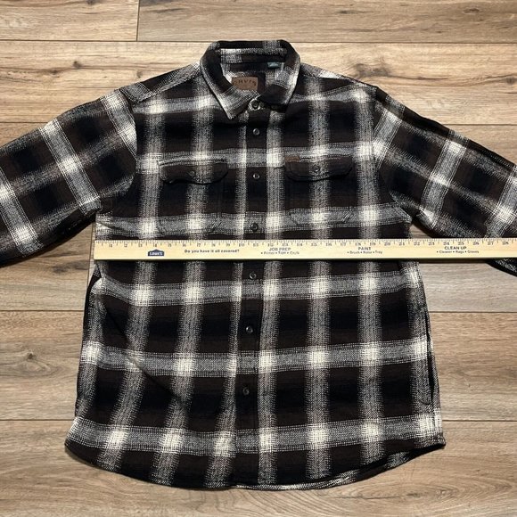 Men's Orvis Button Up Plaid Flannel Shirt LARGE Brown Black Pockets Shacket - Picture 7 of 12